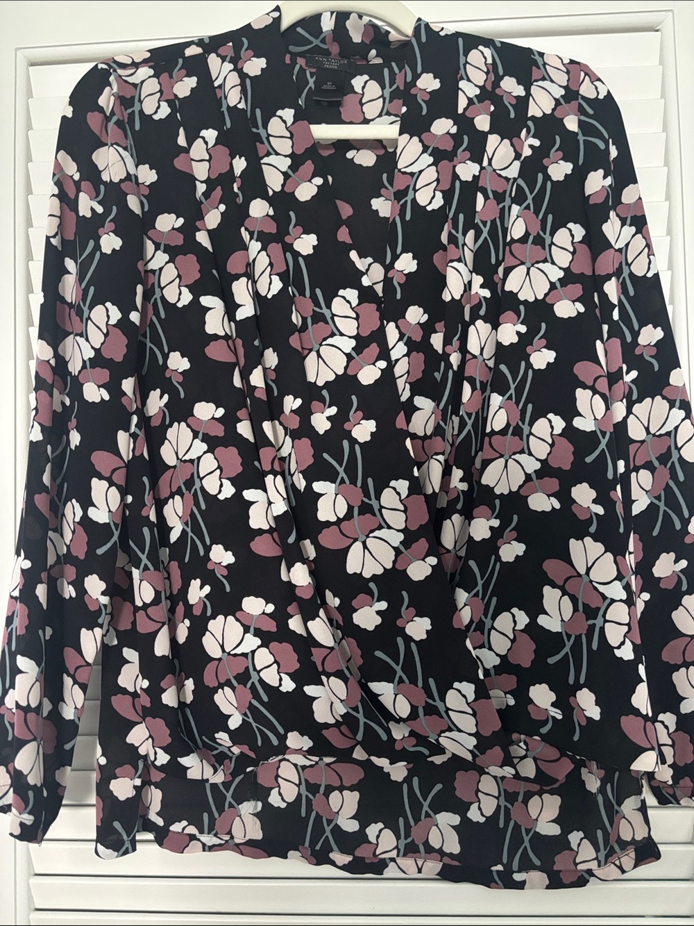 Ann Taylor Black Wrap-Style Blouse with Pink & White Floral Print
